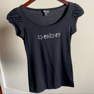 bebe black tee with rhinestone logo - size small